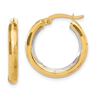 14K with White Rhodium Polished and Diamond-cut Hoop Earrings