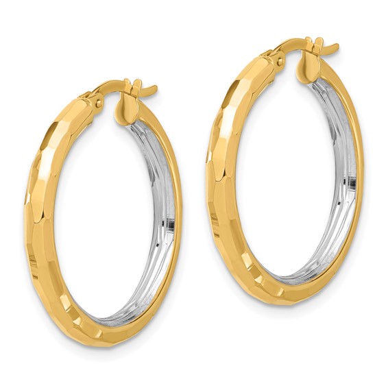 14K with White Rhodium Polished and Diamond-cut Hoop Earrings
