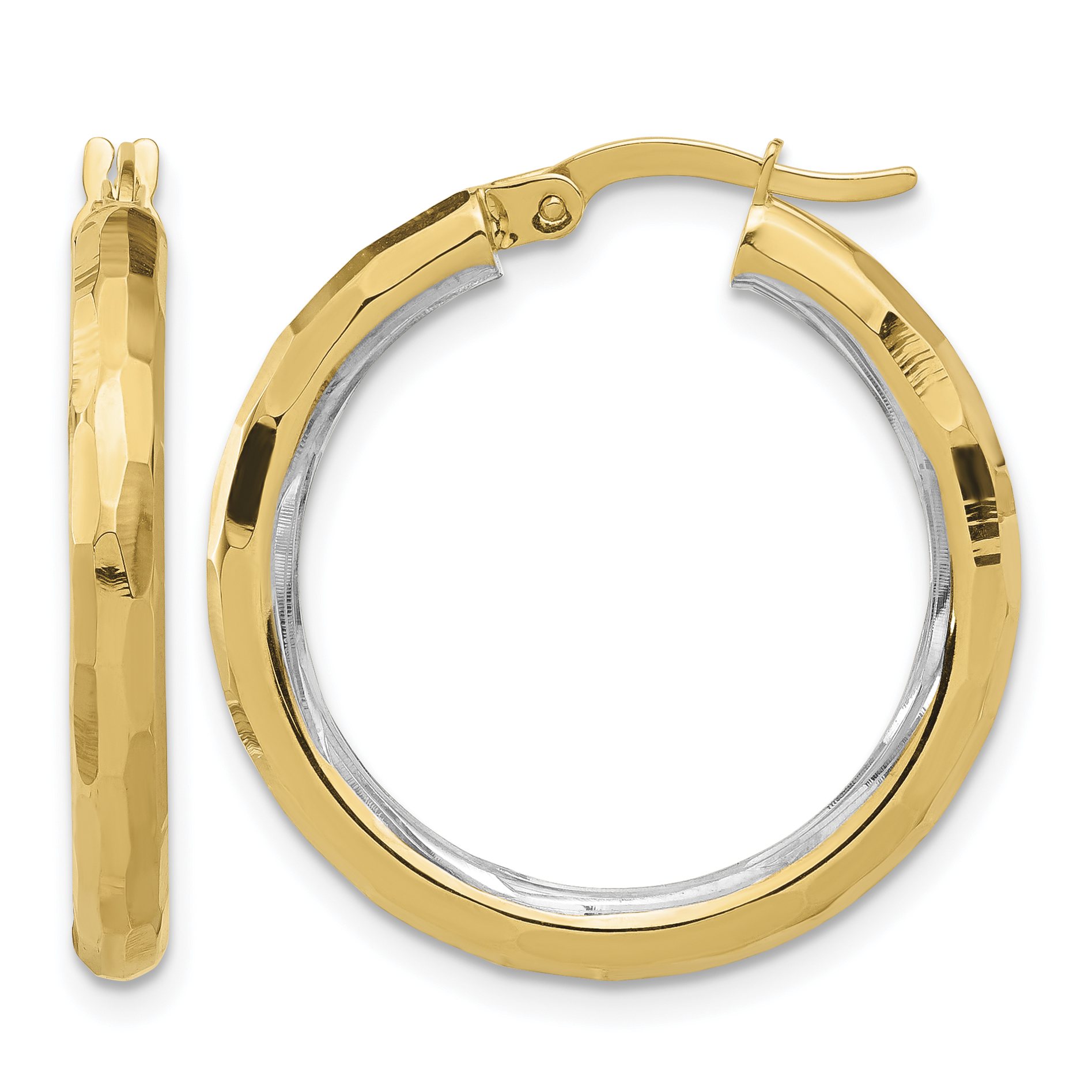 14K with White Rhodium Polished and Diamond-cut Hoop Earrings (TF2210YW)
