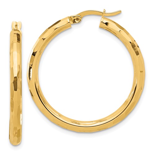 14K Polished and Diamond-cut Hoop Earrings