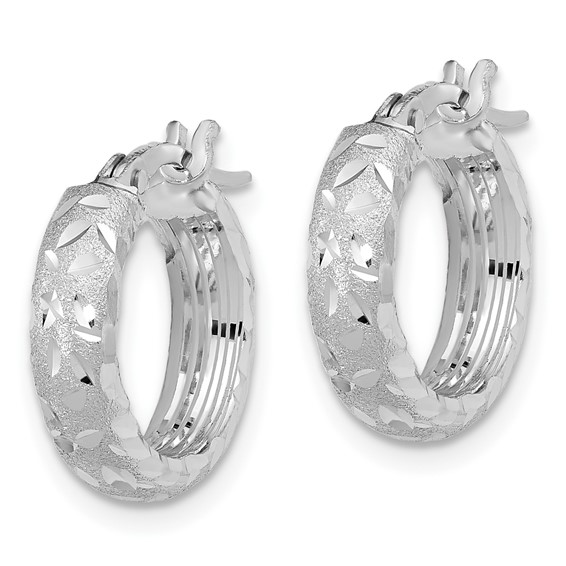 14K White Gold Satin 4mm Diamond Cut Hoop Earrings