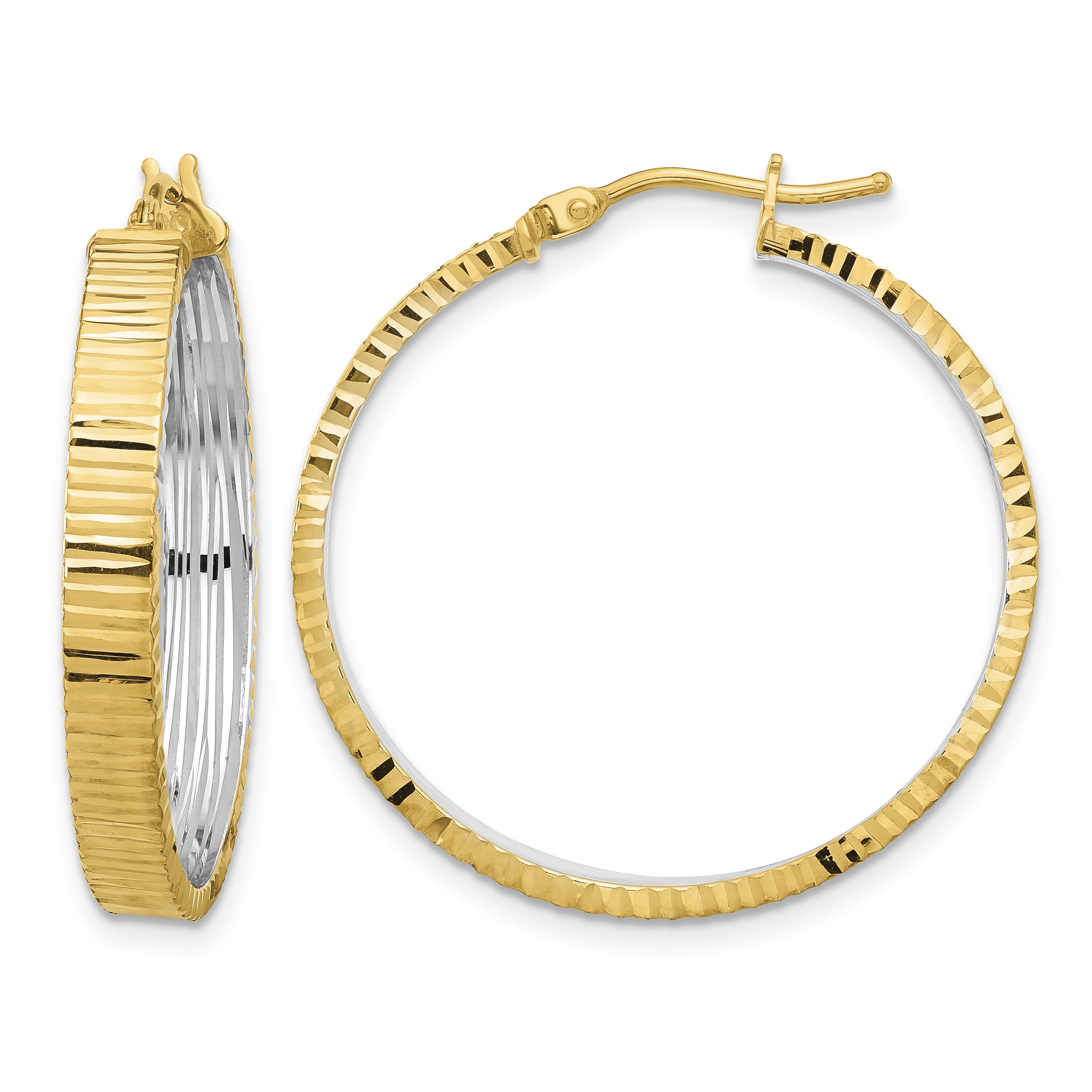 14K Polished and Rhodium Diamond-cut Circle Hoop Earrings (TF2224)