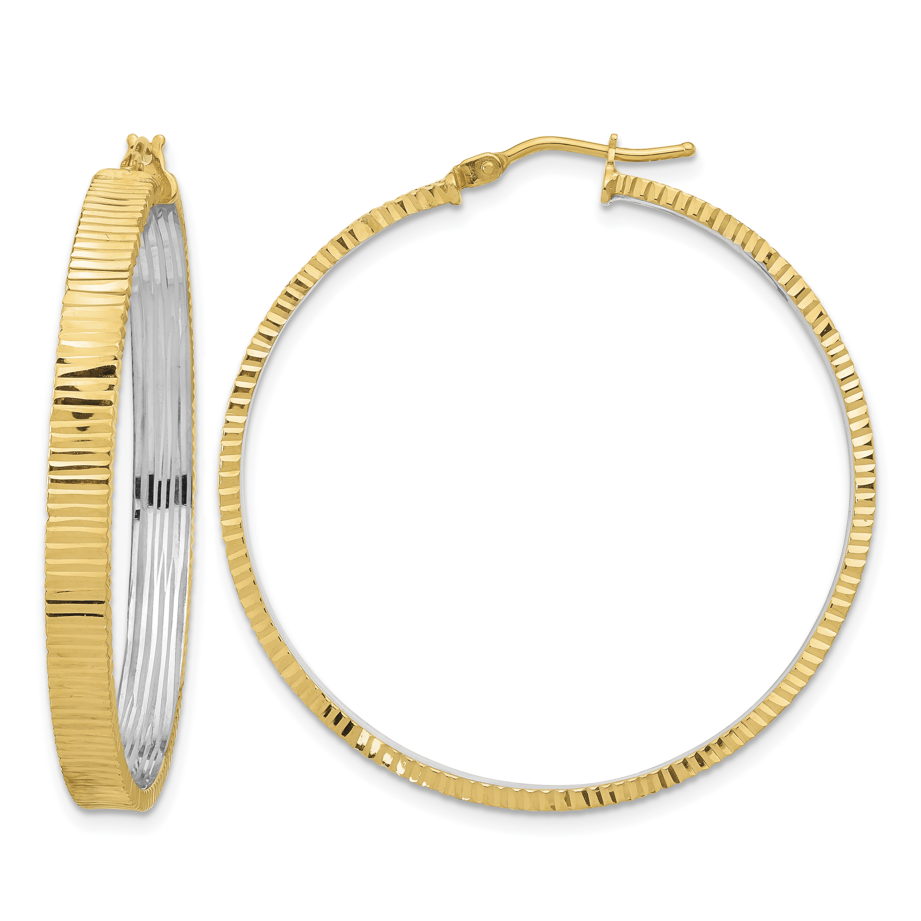 14K Polished and Rhodium Diamond-cut Circle Hoop Earrings (TF2226)