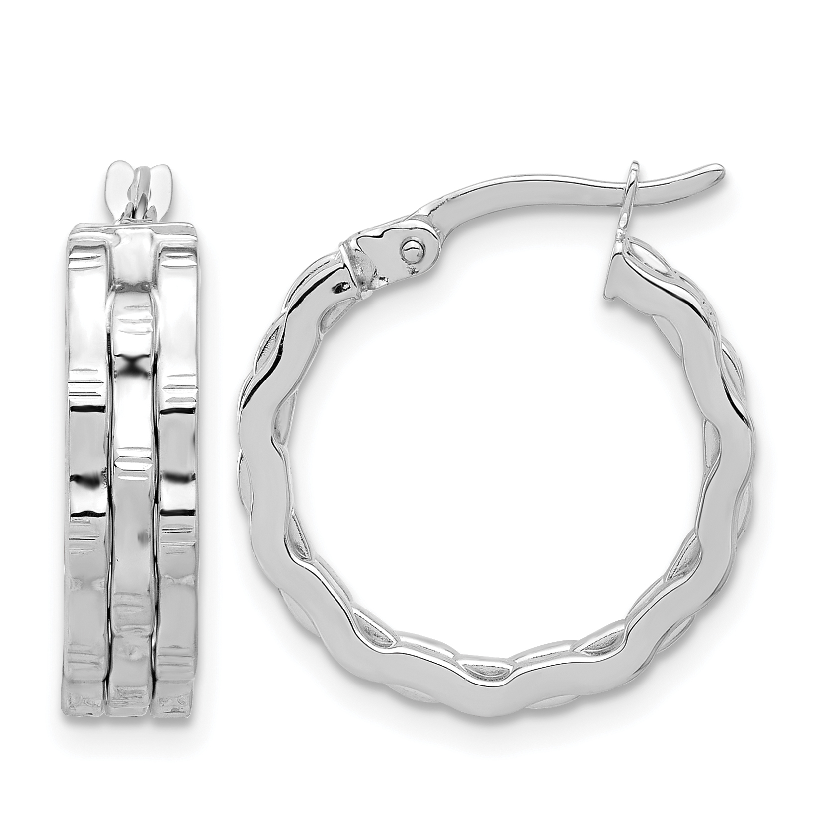 14K White Gold Polished and Textured Hoop Earrings (TF2229W)
