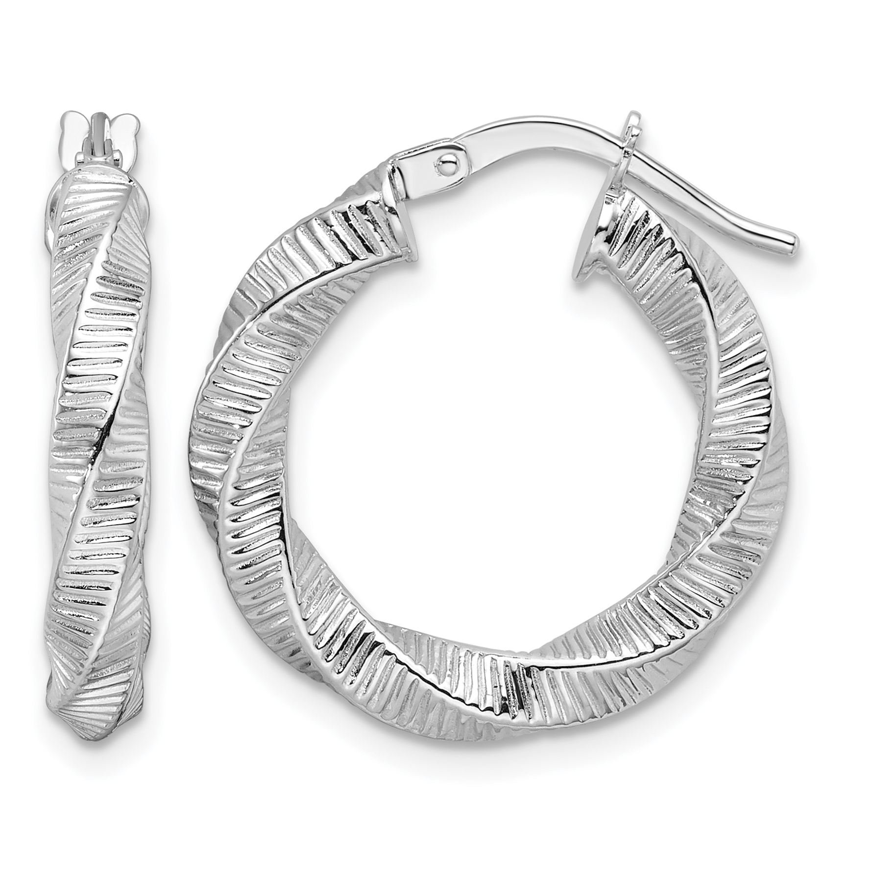 14k White Gold 3.5mm Twisted & Textured Round Hoop Earrings (TF2236W)