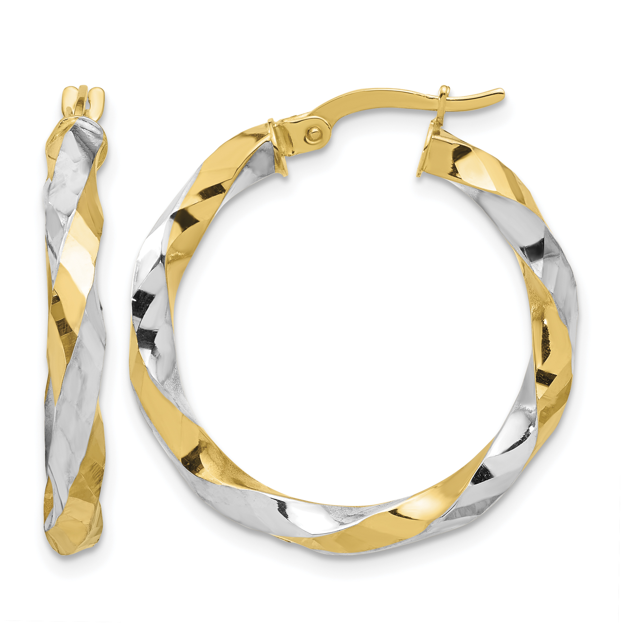 14K with White Rhodium Polished and Diamond-cut Twisted Hoop Earrings (TF2238)