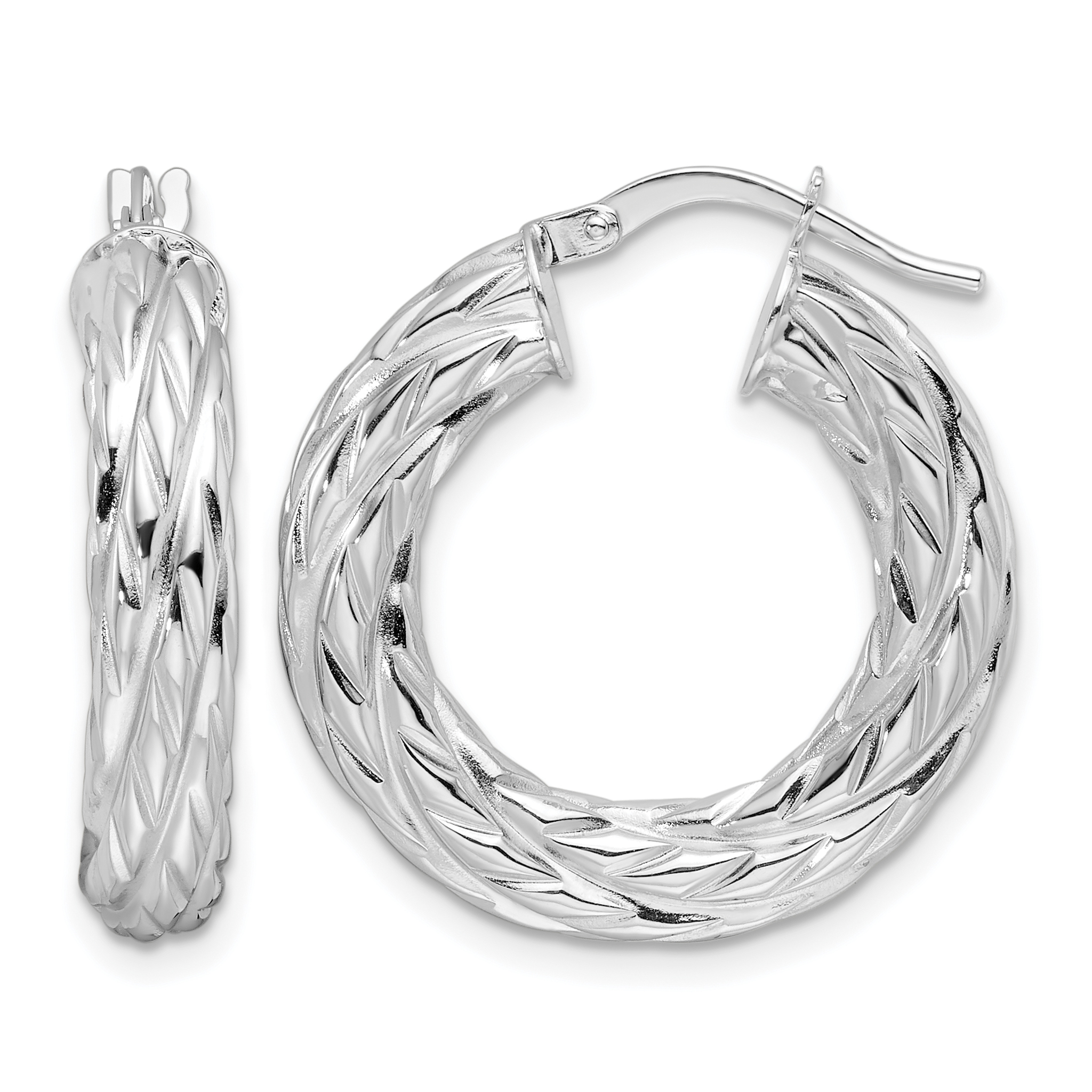 14k White Gold Polished 4.75mm Woven Texture Round Hoop Earrings (TF2244W)