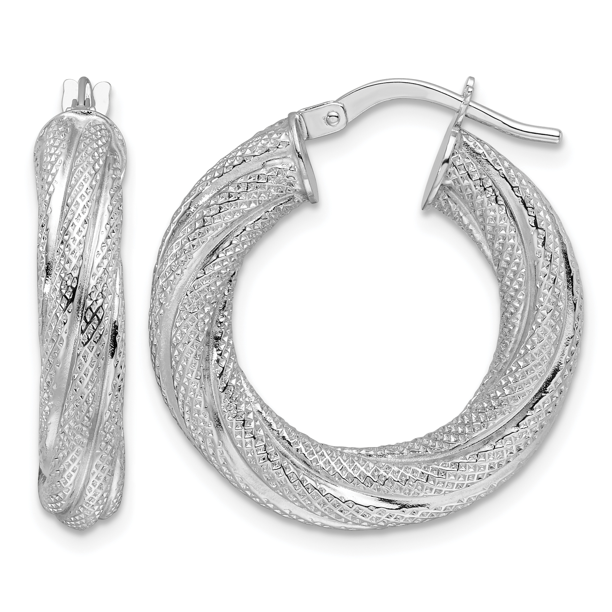 14k White Gold 4.7mm Textured Twisted Round Hoop Earrings (TF2245W)
