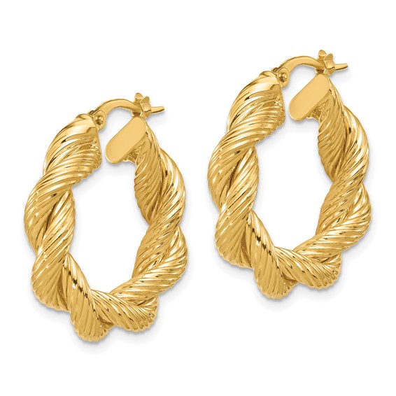 14K Polished and Textured Twisted Hoop Earrings