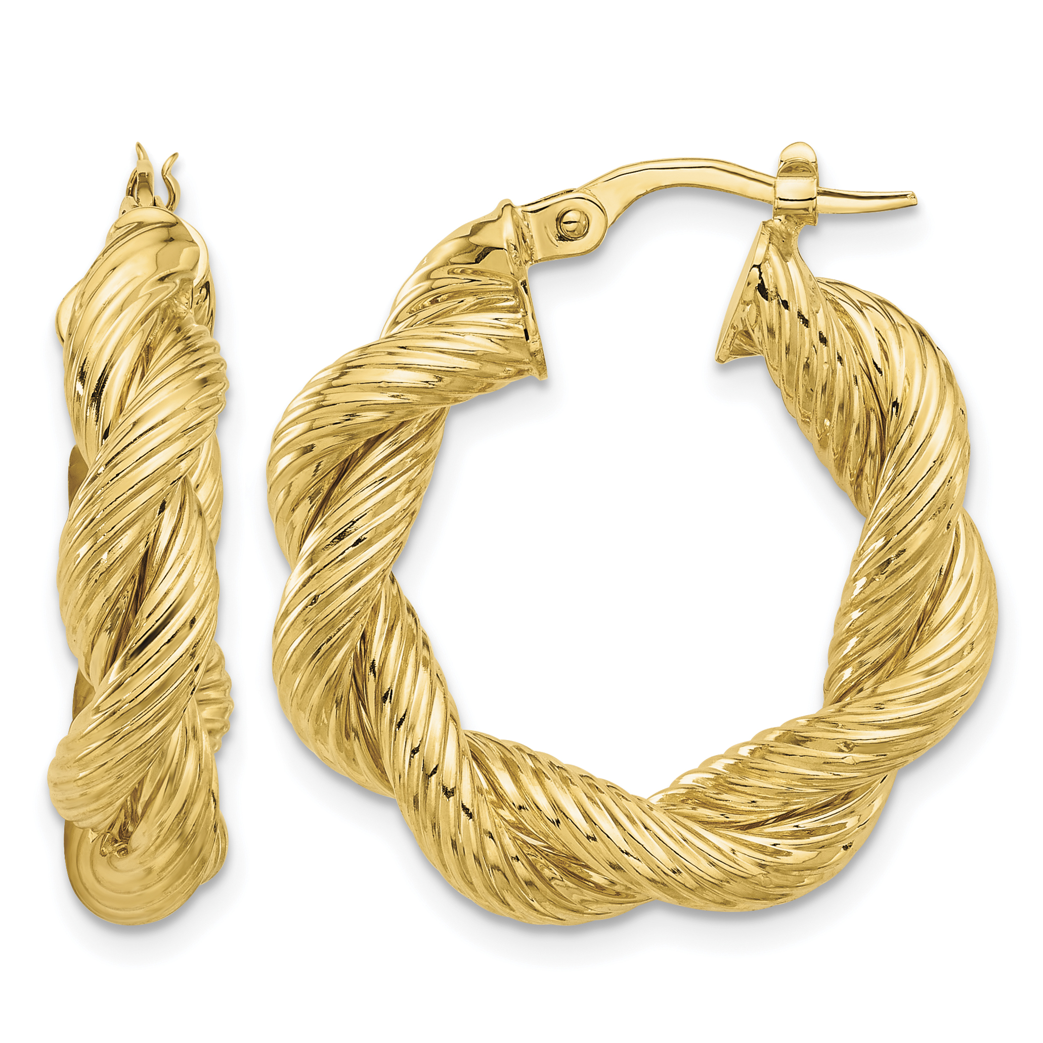 14K Polished and Textured Twisted Hoop Earrings (TF2259)