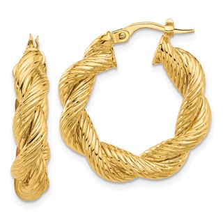 14K Polished and Textured Twisted Hoop Earrings