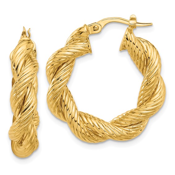 14K Polished and Textured Twisted Hoop Earrings