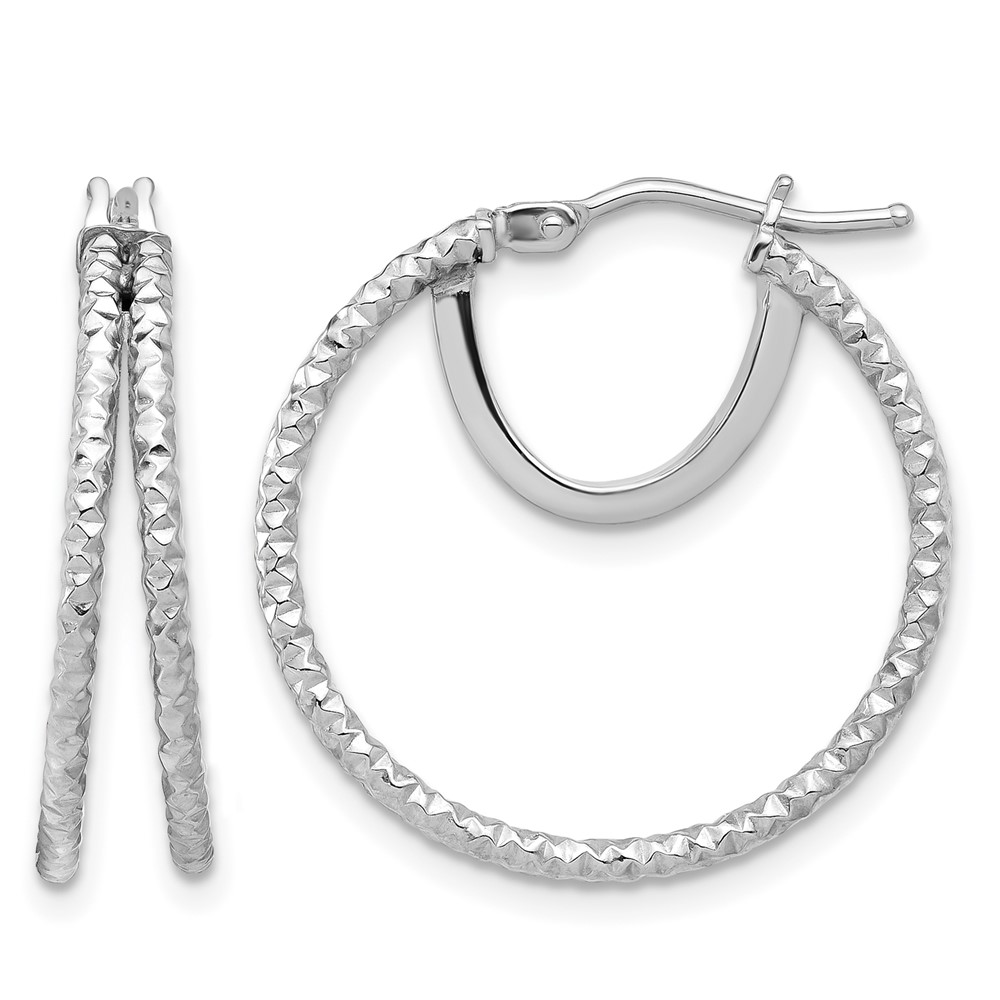 14K White Gold Polish and Textured Double Circle Hoop Earrings (TF2268W)