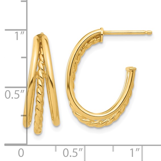 14K Polished and Twist Oval Multi Row J-Hoop Post Earrings