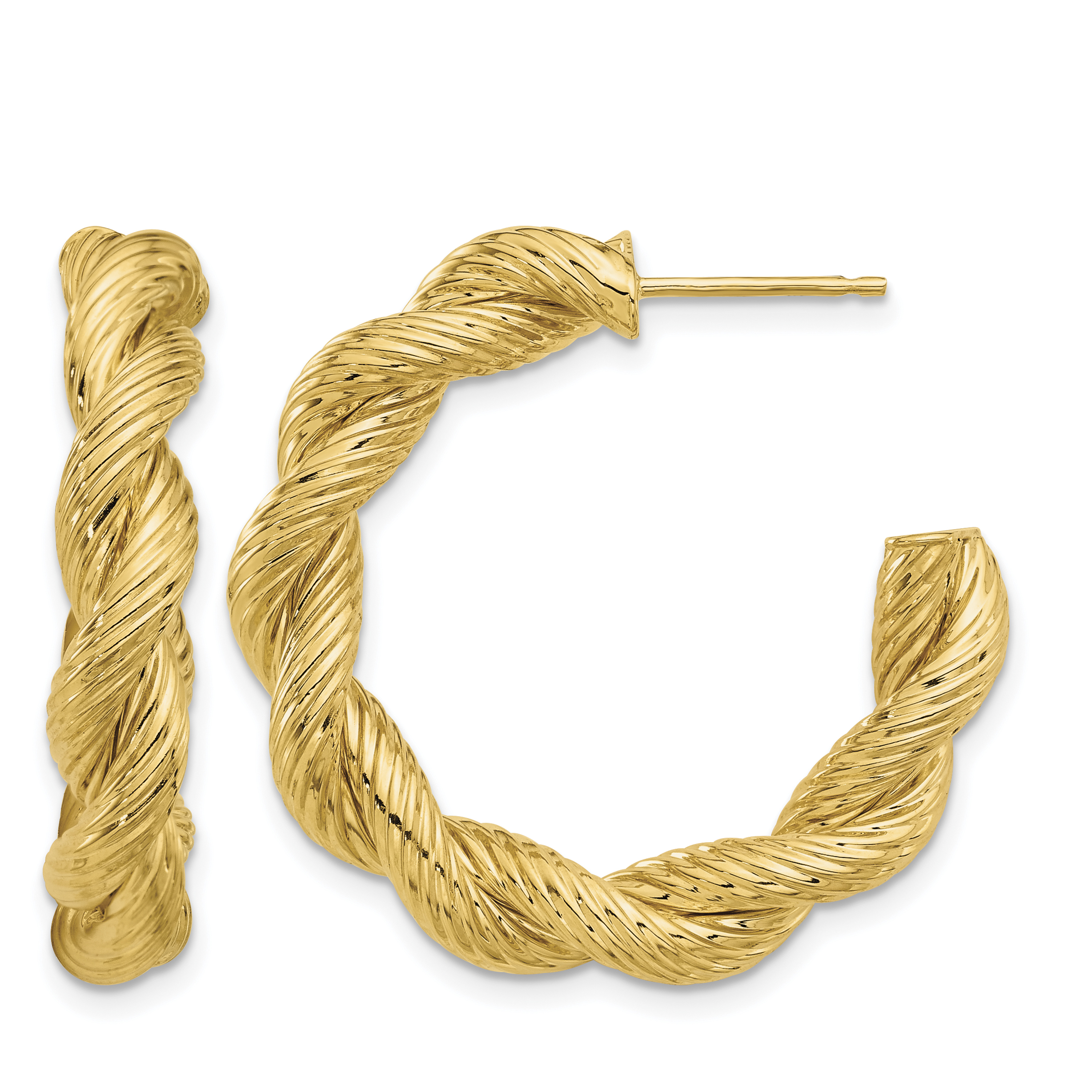 14K Polished and Textured Twisted Post Hoop Earrings (TF2277)