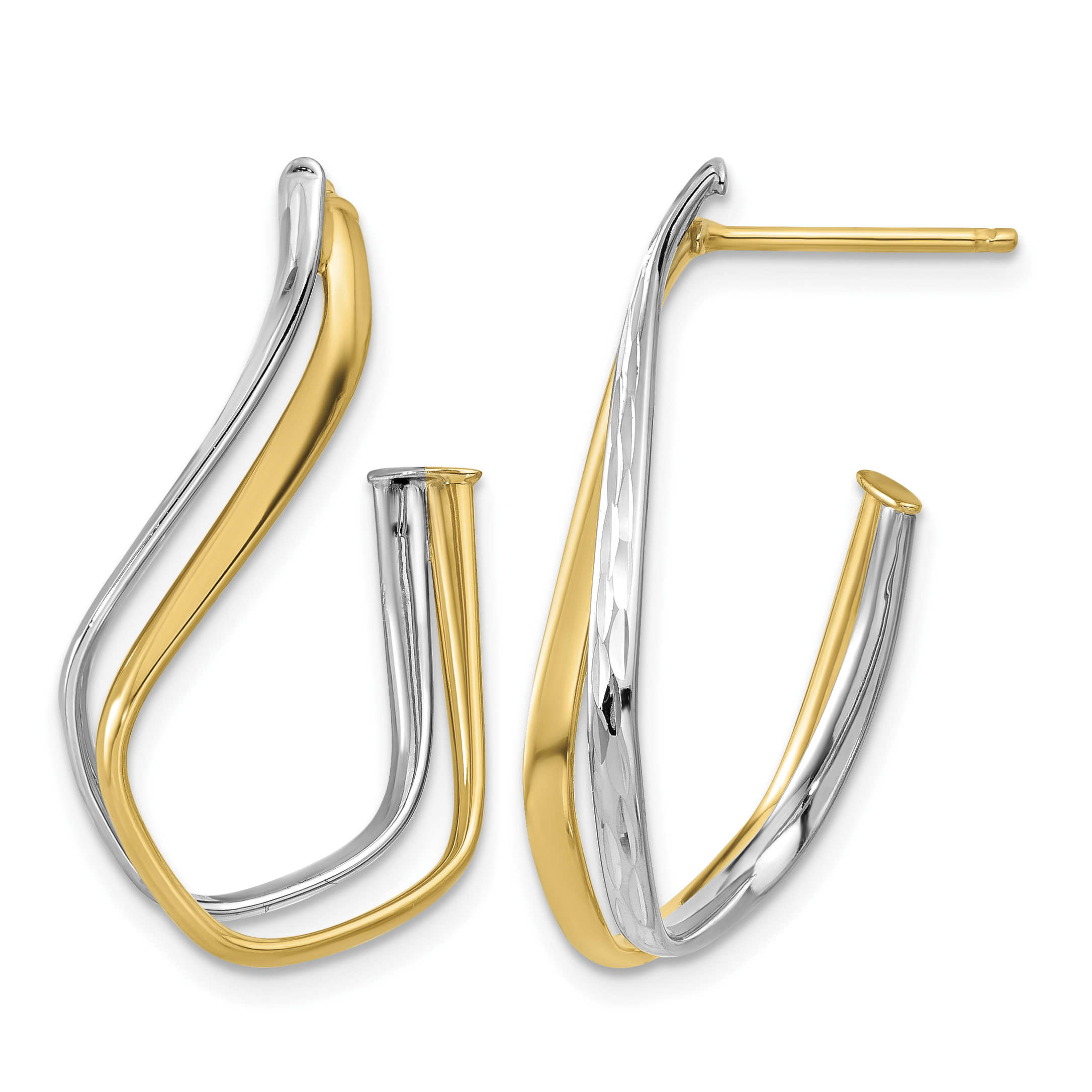 14K Two-tone Polished Diamond-cut Twisted J-Hoop Post Earrings (TF2279)
