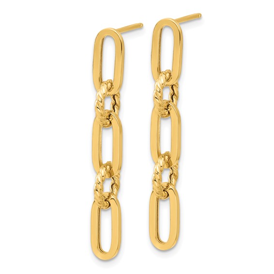 14K Polished and Textured Chain Link Dangle Post Earrings