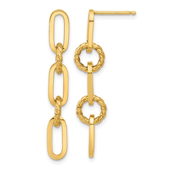 14K Polished and Textured Chain Link Dangle Post Earrings
