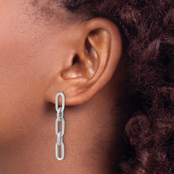 14K White Gold Polished and Textured Chain Link Dangle Post Earrings