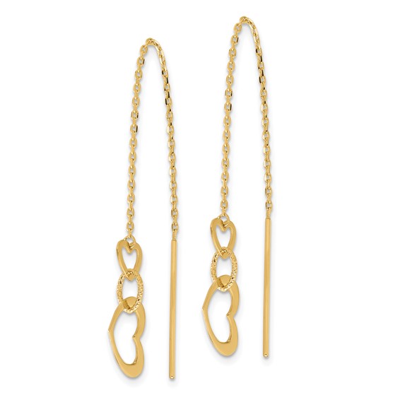 14K Polished Hearts Dangle and Chain Threader Earrings