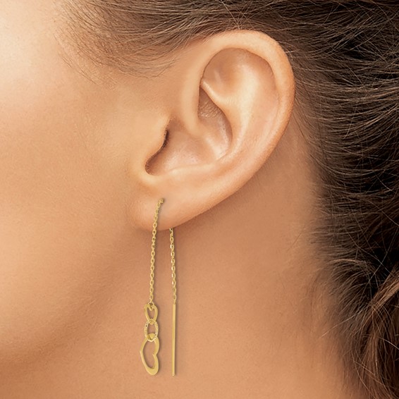 14K Polished Hearts Dangle and Chain Threader Earrings