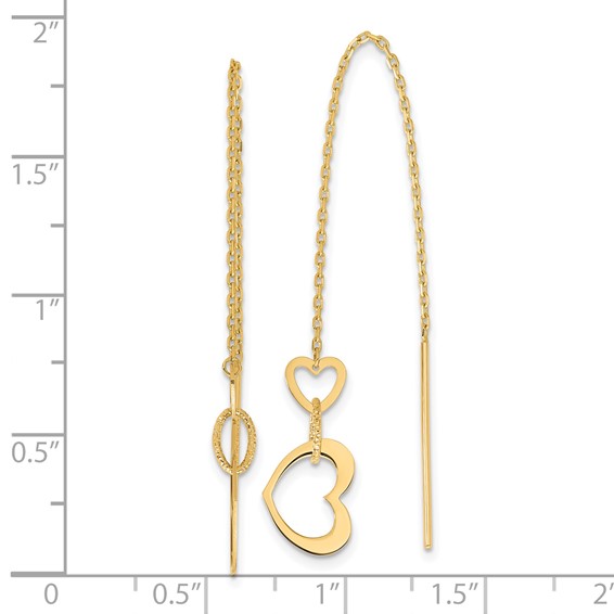 14K Polished Hearts Dangle and Chain Threader Earrings
