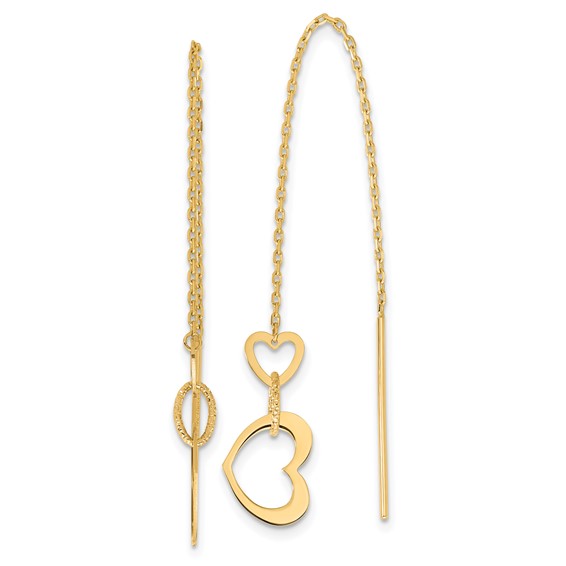 14K Polished Hearts Dangle and Chain Threader Earrings