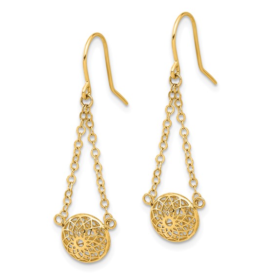 14k Polished Cut-Out Filigree Bead and Chain Dangle French Hook Earrings