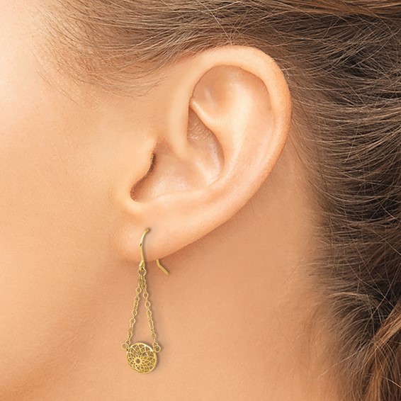 14k Polished Cut-Out Filigree Bead and Chain Dangle French Hook Earrings
