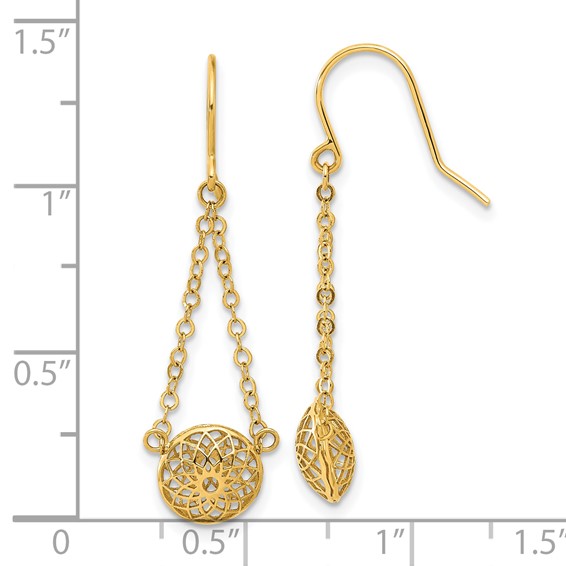 14k Polished Cut-Out Filigree Bead and Chain Dangle French Hook Earrings