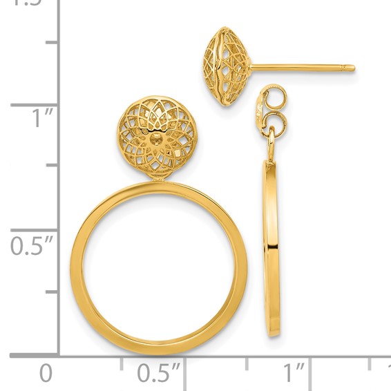 14k Polished 8mm Filigree Stud and 18mm Circle Dangle Front and Back Post Earrings