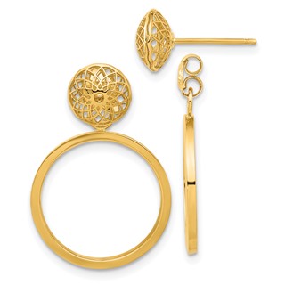 14k Polished 8mm Filigree Stud and 18mm Circle Dangle Front and Back Post Earrings