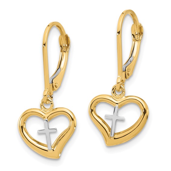 14K Two-tone Polished Cross in Heart Dangle Leverback Earrings