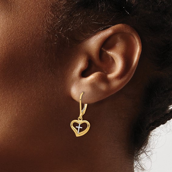 14K Two-tone Polished Cross in Heart Dangle Leverback Earrings