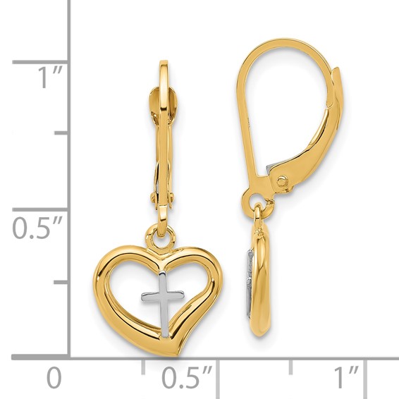 14K Two-tone Polished Cross in Heart Dangle Leverback Earrings