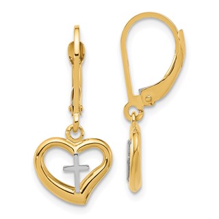 14K Two-tone Polished Cross in Heart Dangle Leverback Earrings