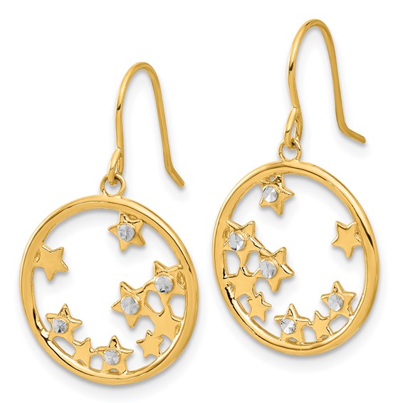 14k and White Rhodium Diamond-cut Stars in Circle Dangle French Hook Earrings