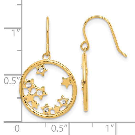 14k and White Rhodium Diamond-cut Stars in Circle Dangle French Hook Earrings