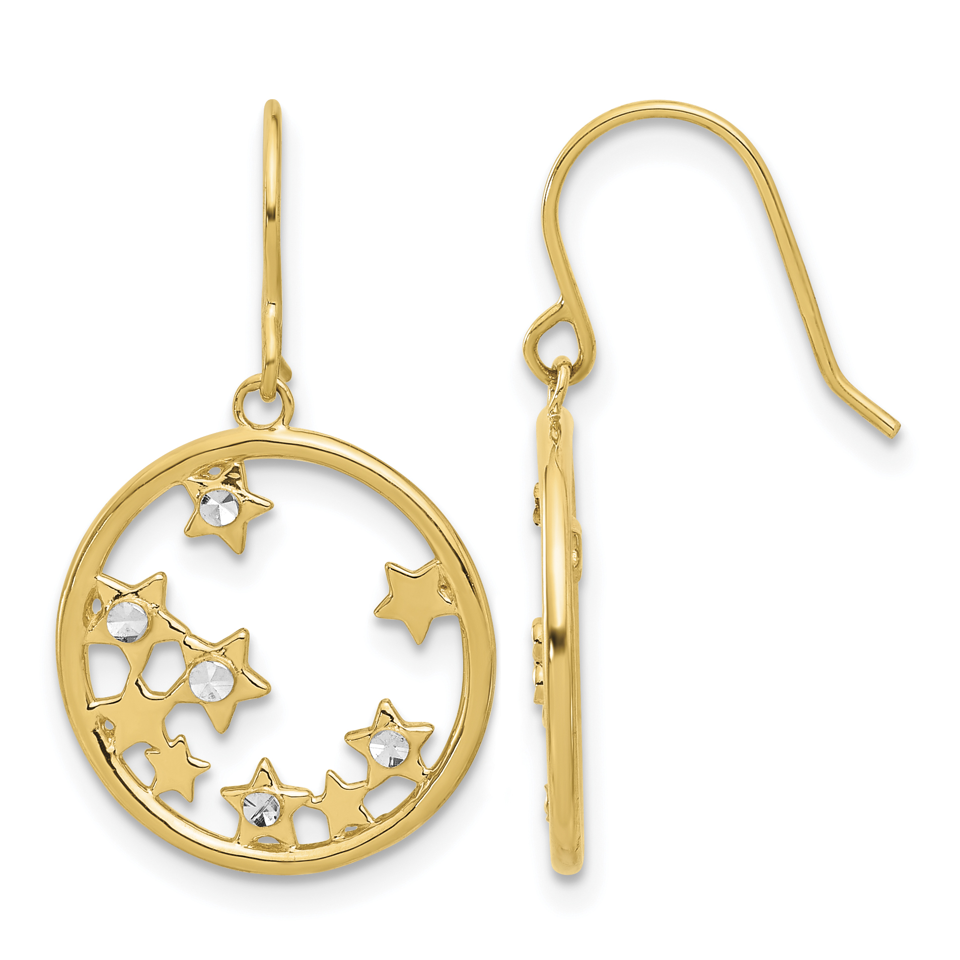 14k and White Rhodium D/C Stars in Circle Dangle Earrings (TF2364)