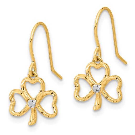 14k and White Rhodium Diamond-cut Clover Dangle French Hook Earrings