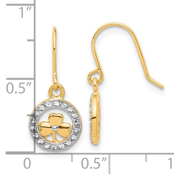 14k and White Rhodium Diamond-cut Clover in Circle Dangle French Hook Earrings
