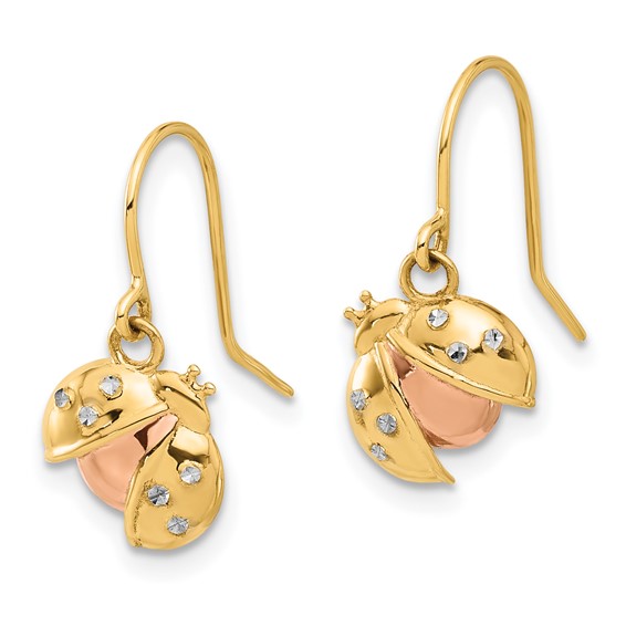 14k with Rose and White Rhodium Diamond-cut Ladybug Dangle French Hook Earrings