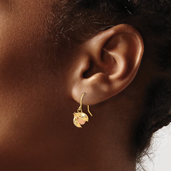 14k with Rose and White Rhodium Diamond-cut Ladybug Dangle French Hook Earrings