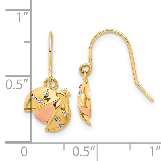 14k with Rose and White Rhodium Diamond-cut Ladybug Dangle French Hook Earrings