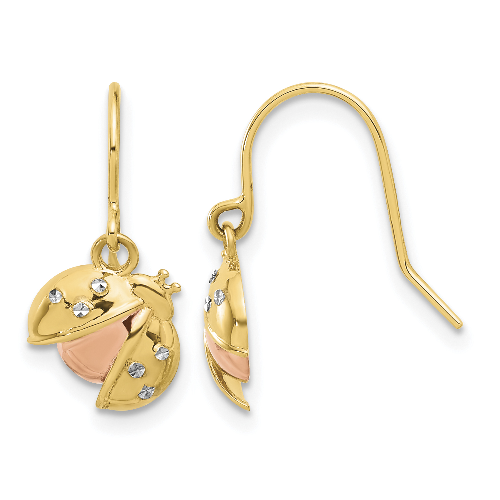 14k w/Rose and White Rhodium D/C Ladybug Dangle Earrings (TF2367)