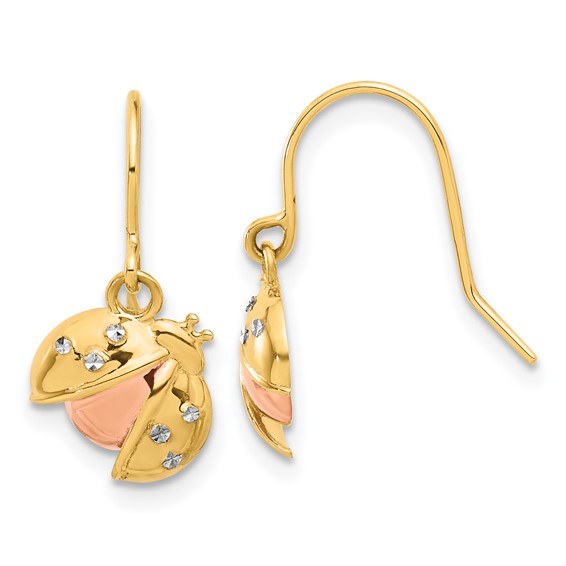 14k with Rose and White Rhodium Diamond-cut Ladybug Dangle French Hook Earrings