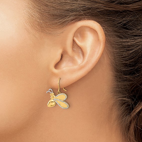14k and White Rhodium Diamond-cut Large Bee Dangle French Hook Earrings
