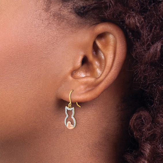 14k w/Rose and White Rhodium D/C Cat Outline Dangle Earrings