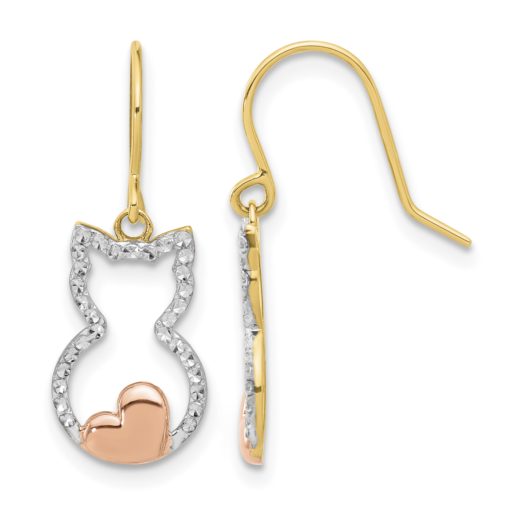 14k w/Rose and White Rhodium D/C Cat Outline Dangle Earrings (TF2371)