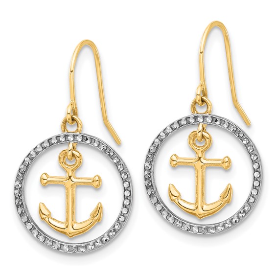 14k and White Rhodium Diamond-cut Anchor Dangle in Circle French Hook Earrings
